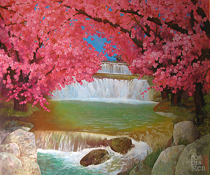 роспись ресторана, цветы сакуры, водопад