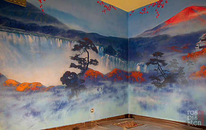 роспись ресторана,роспись стены ,японский мотив