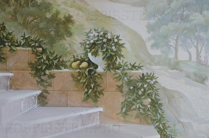 роспись квартиры- каменная стена и вазы с фруктами