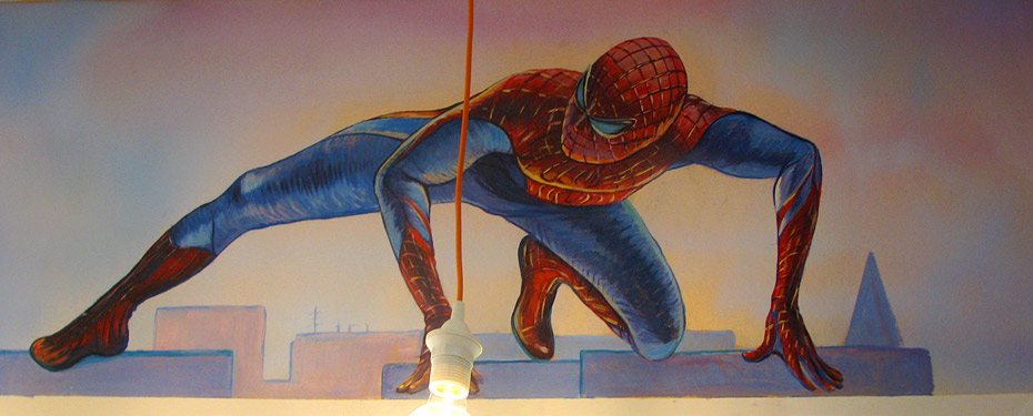 роспись стен детской человек паук , рисунки мультфильмов на стенах