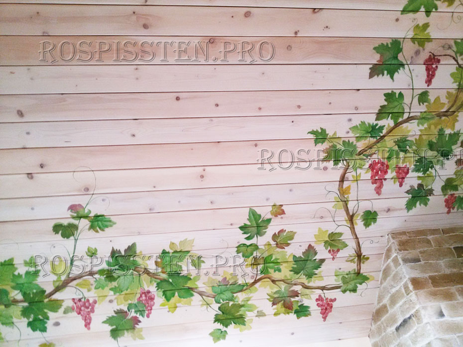 лоза винограда - роспись на деревянном потолке акриловыми красками 